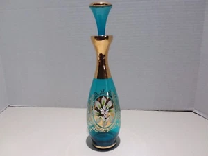 Murano Venetian Art Glass Hand Painted Flowers Decanter Blue 24k Gold  Italy - Picture 1 of 7