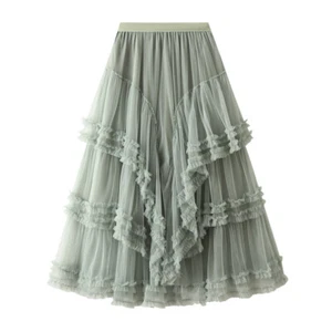 Women Mesh Skirt Maxi Tiered Layered Ruffle Tulle Pleated High Elastic Waist - Picture 1 of 17