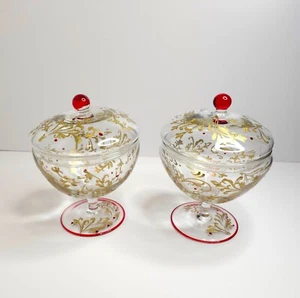 2er Set Vintage Glas Kompott Bonboniere Rot Flash Handbemalt Gold Glitzer - Bild 1 von 13