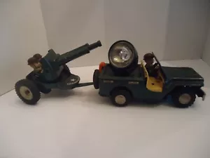 **REDUCED** Vintage Japanese Made Toy Tin US Army Jeep with Artillery Wagon - Picture 1 of 14