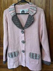 Vintage Geschichtenbuch Strickjacken rosa Perlen Strickjacke Pullover Ramie Baumwolle L - Bild 1 von 9