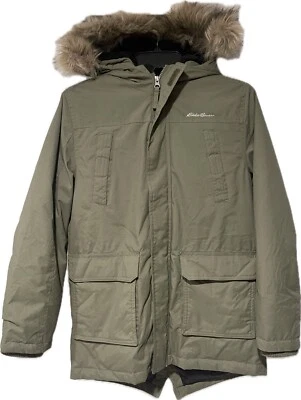 Eddie Bauer 夹克/帕卡男孩人造毛皮装饰和衬里连帽羽绒绝缘 M (10-12) — 第 1/4 张图片