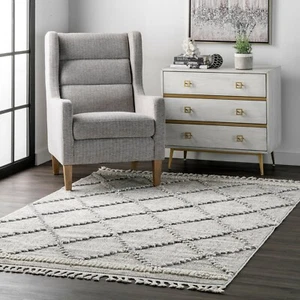 nuLoom, Skylar Textured Cable Trellis Tassel Area Rug, 5'3" x 7'7", Beige - Picture 1 of 3