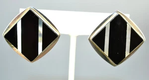 HANDWROUGHT STERLING SILVER ONYX WITH INLAID MOP LARGE PIERCED EARRINGS SIGNED - Picture 1 of 5