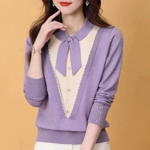 V-Neck Knitted Sweater Women's Clothing Casual Pullovers Fake Two Pieces Tops - Picture 1 of 11