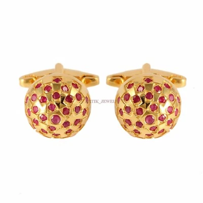 Heated Ruby Gemstone with 18k Gold Plated Silver Cufflink #2585 - Image 1 of 4