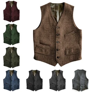 Mens Tweed Vest Vintage Western Cowboy Wool Herringbone Vests M Large XL XXL 3XL - Picture 1 of 16