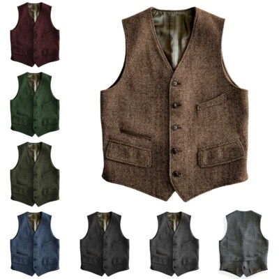 Mens Vintage Tweed Vest Western Cowboy Wool Herringbone Vests M Large XL XXL 3XL - Image 1 of 4