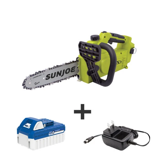 Sun Joe Chain Saw Kit 24-Volt Cordless Brushless Portable 4-Ah Battery Charger- Green