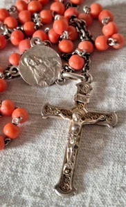 Rosario corallo XIX secolo perle preghiera argento crocifisso Vermeil devozionale cattolico - Foto 1 di 8