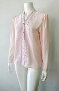 Camicetta vintage segretaria vittoriana seta rosa cipria semi trasparente pizzo scollo a V S - Foto 1 di 5
