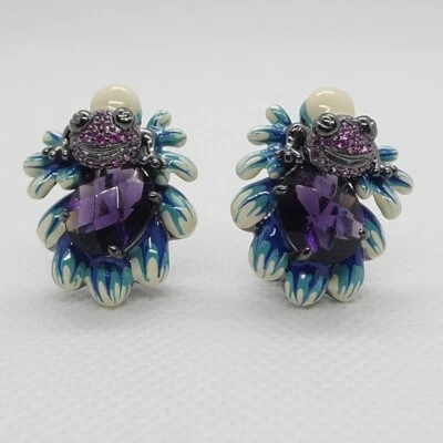 Zirkonia Emaille Ohrringe FROSCH II 925 Silber Black Rhodium - Bild 1 von 4