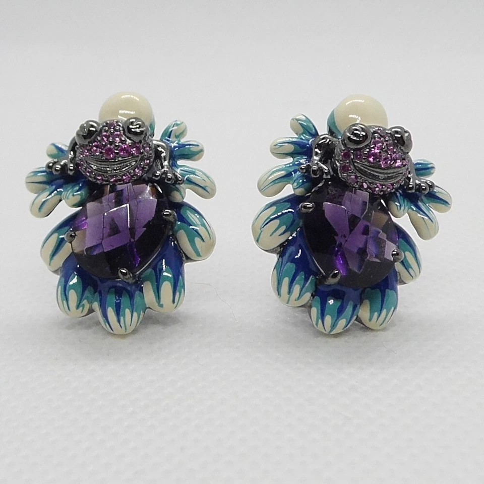 Zirkonia Emaille Ohrringe FROSCH II 925 Silber Black Rhodium - Bild 1 von 4