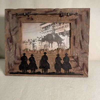 Rustic Barnwood Barbed Wire & Cowboys Silhouette Picture Frame - Image 1 of 4