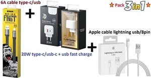 pack 3in1 6a cable type-c/usb-c +20w charger type-c/usb-c/usb +Apple cable usb - Photo 1 sur 12