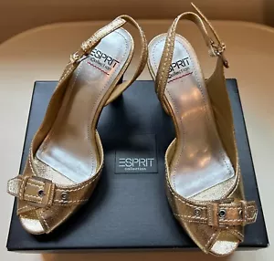 Sandalias de tacón alto Esprit de cuero metálico talla 6 EU36 plateadas doradas nuevas en caja - Imagen 1 de 13