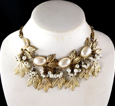 Lovely Faux Pearl Cabochon & Leaf Drop Necklace Leaves Charms Gold Tone - Image 1 of 4