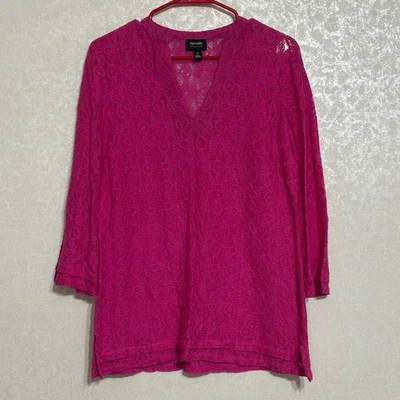 Nicole Miller Hot Pink Floral Top Semi Sheer Lace Blouse V-Neck 3/4 Sleeve S - Image 1 of 4