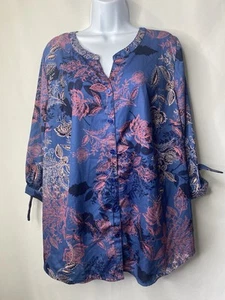 Catherines Bluse Größe 0X 14W 16W Oberteil Shirt 3/4 Ärmel Blumenmuster Baumwollmischung blau - Bild 1 von 11