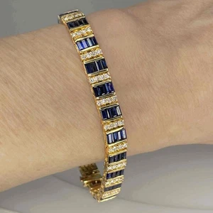 22.54 ctw Unheated Deep Blue Sapphire Diamond 14K Gold Bracelet Striped Bracelet - Picture 1 of 7