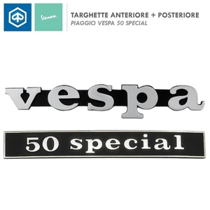 SET TARGHETTE SCRITTE FREGIO ANTERIORE POSTERIORE VESPA 50 SPECIAL FARO QUADRATO - Imagen 1 de 3