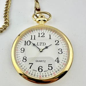 LTD Quartz Pocket Watch Gold Tone Chain Japan Movement Arabic Numeral Dial Mens - Picture 1 of 8