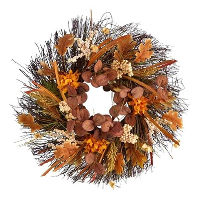 Pemberly Row 22" Autumn Dahlia and Berries Artificial Fall Wreath in Orange - Image 1 of 4