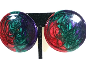 Vintage Swirled Enamel over Silver Color Metal 2" round Pierced Post Earrings - Picture 1 of 3