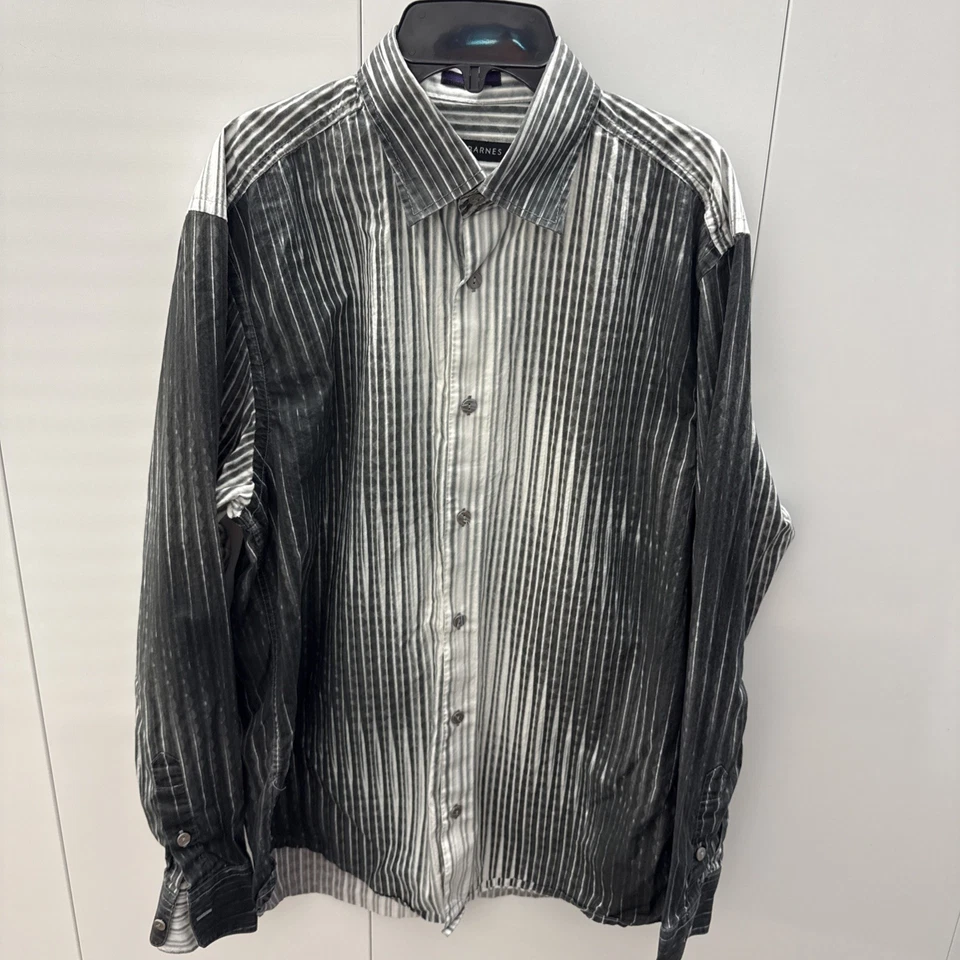 Jhane Barnes Men’s Large Black White Striped Button Up Long Sleeve Shirt - Image 1 of 4