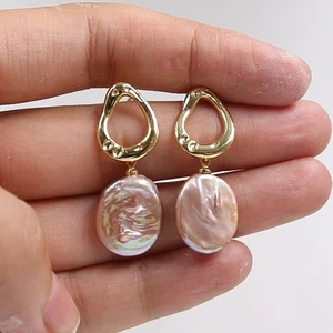 design 14-16 mm pink purple baroque pearl earrings Silver earring Stud 18KGP - Picture 1 of 3