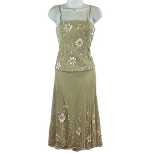 Set Pomodoro salbeigrün Blumen Pailletten bestickt Netz Top & Rock UK 14 neu mit Etikett - Bild 1 von 13