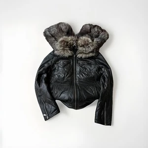 VTG STREETWEAR JAPANESE REAL LEATHER EAL FUR ITALY LUXURY  HOOD JACKET 90s Y2K - Picture 1 of 14