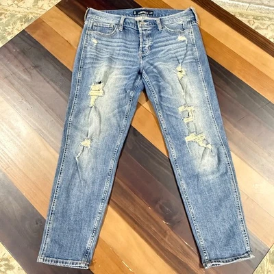 Pantalones de mezclilla para mujer Hollister azul vintage novio desgastado botón mosca talla 5 Foto 1 de 4