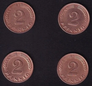 4 Kursmünzen 2 Pf 1966 D F G J - Jäger 381 – Kupfer - Bild 1 von 2