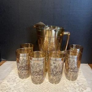 Vintage Jeanette Glass Lusterware Pitcher W/ 6 Glasses-Castle Pattern  - Picture 1 of 13