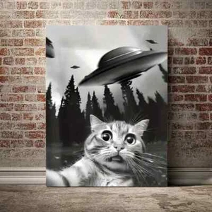 Whimsical Cat & UFO Wall Art Canvas Unframed/Framed - Bild 1 von 7