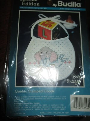 BLOQUES de Elefante Bucilla Vintage BABY SNOOZLE Punto de Cruz BABERO BEBÉ-AÑOS 90 Foto 1 de 2