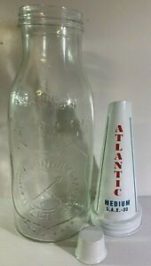 Atlantic Embossed 1 Quart Glass Oil Bottle, Steel Lid & Dust Cap -Reproduction