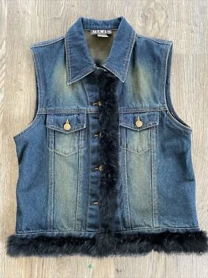 vintage Fur  trim denim vest size medium - Image 1 of 4