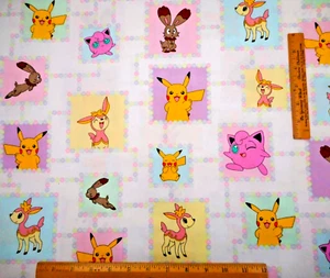 Vintage Fabric 1 1/8 Yard Pokemon Pikachu Eevee Pastel Sq on White Cotton RARE B - Picture 1 of 3