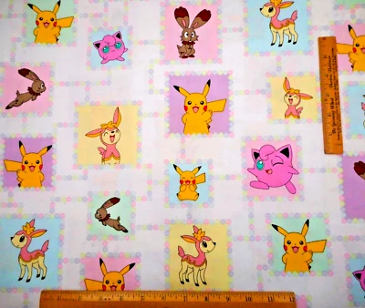 Vintage Fabric By Half-Yard Pokemon Pikachu Eevee Pastel Sq White Cotton RARE B - Image 1 of 3