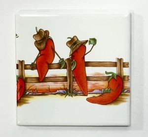 CHILI PEPPER COWBOY’S Ceramic Wall Tile 4.25”x4.25” ( 1 Piece ) White/Red - Picture 1 of 5