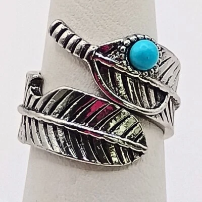Anillo envolvente para mujer plateado pluma imitación turquesa talla 7 tribal suroeste Foto 1 de 4