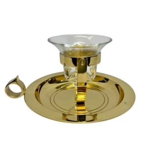 Polished Brass Handled Chamberstick Candle Holder Wall Sconce with Glass Cup - Picture 1 of 7