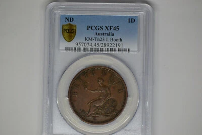 Australia: No Date One Penny- KM-Tn23.1- I. Booth Draper, Outfitter.  Melbourne  - Image 1 of 4