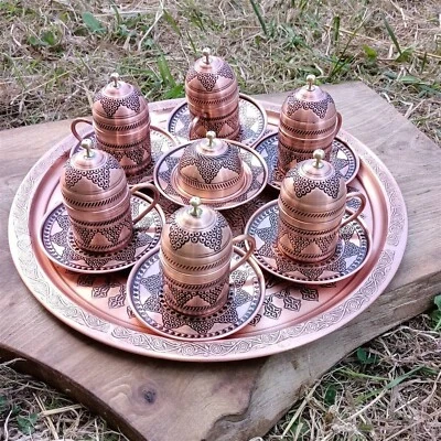 Copper Coffee Serving Set, Turkish Coffee Set, Copper Coffee Cups Tray for 6 - Image 1 of 4