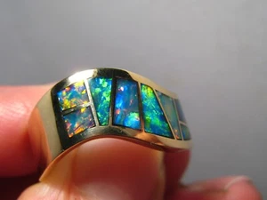 Navajo Style Opal Ring , Solid 14k Yellow gold , Size 12 , Australian Gem Opal - Picture 1 of 12