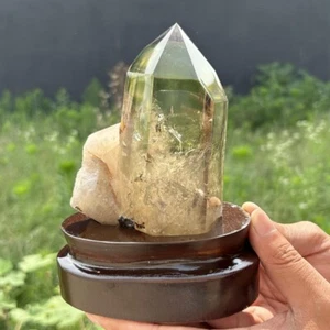 1,89 Pfund natürlicher Quarz Obelisk Reiki Punkt Citrin Kristall Turm Heilung + Ständer - Bild 1 von 16