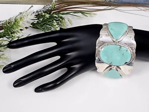 CHACO CANYON CAMPITOS TURQUOISE STERLING SILVER 3-STONE CUFF BRACELET - NWT - Picture 1 of 13