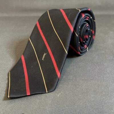 Corbata cuello estrecho YSL Yves Saint Laurent vintage azul marino con logotipo a rayas granate y dorado Foto 1 de 4